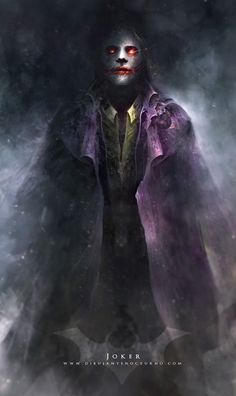 the joker from batman dark knight, with red eyes and purple cape on his head