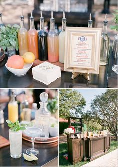 an outdoor bar with drinks and menus on the table, along with other items