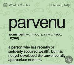 the words parvenu are written in black on a green background with money notes