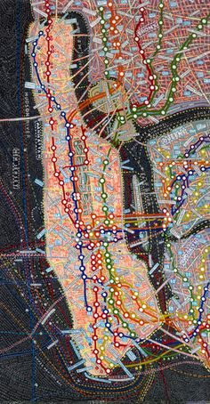 a map is shown with many different colored lines and dots on the map, as well as