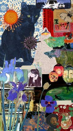 collage of various images with flowers and pictures on them, including an image of a black cat