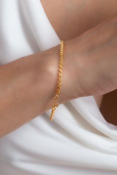 "* Gold KT: 14K Solid Gold * Gold Colors: Gold, Rose Gold, White Gold * Bracelet length: 6.8\" - 7.2\" - 7.60\" - 8\" - 8.4\" * Bracelet width: 2.5 mm Follow on Instagram - @bayargold.tr My Web Site - https://www.bayargold.com * Bayar Gold is a fine jewelry company. Please do not hesitate to ask us questions. We are always here to help you. * All items are packed in the high-quality jewelry box. The gift message is available. Please let us know what to write by leaving us a note at checkout. * G Simple Bracelet Patterns Gold, Simple Gold Bracelet Designs For Women, Golden Breslet, Minimalist Gold-tone Bracelet With Gold Chain, Bracelet Patterns Gold For Women, Elegant Gold-tone Bracelet With Gold Chain, Elegant Gold Resizable Bracelet, Bracelet Patterns Gold, Daily Wear Gold Bracelet For Women