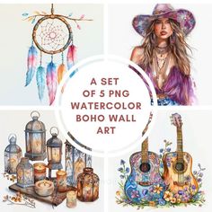 four watercolor boho wall art images with the words a set of 5 png watercolor boho wall art