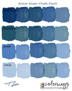 the shades of blue and green are featured in this color chart for annie sloan chalk paint