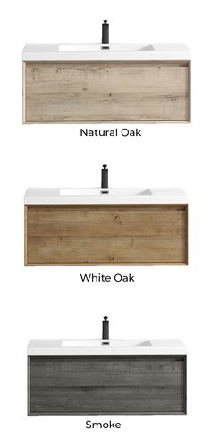 three different types of bathroom sinks with the names above them and labeled in black, white or oak