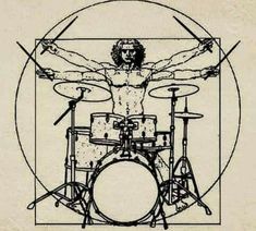 a drawing of a man with his arms outstretched behind drums and drumsticks in front of him