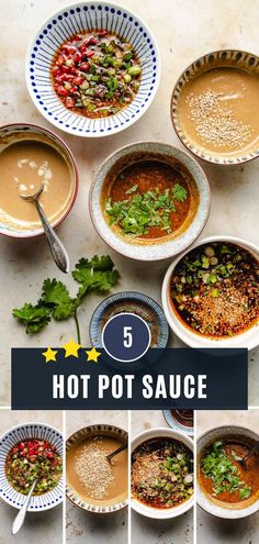 different bowls filled with soup and garnishes on top of a countertop