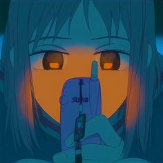 an anime character holding a cell phone in front of her face