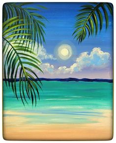 a painting of the ocean with palm trees