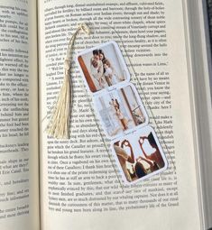 an open book with pictures on it and a tassel hanging from the top one