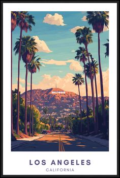 a painting of palm trees in front of a mountain with the words los angeles on it