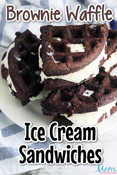 three brownie waffle ice cream sandwiches on a white plate with text overlay