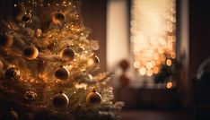 a decorated christmas tree in front of a window with the light from outside shining on it