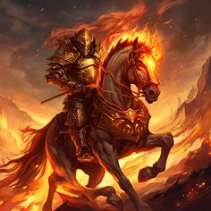 a man riding on the back of a white horse in front of a fire filled sky