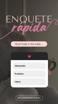 a woman holding a coffee cup in her hand with the caption enquete rapidada