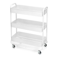 three tiered white plastic utility cart with wheels on each side and two shelves below