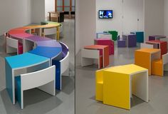 two pictures of colorful tables and chairs in a room with a television on the wall