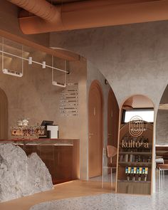 the interior of a coffee shop with stone counter tops and arches on the walls, along with an arched doorway