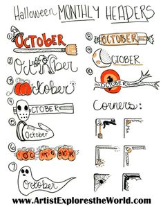 an image of halloween handwrittens with the words october, october and october on them