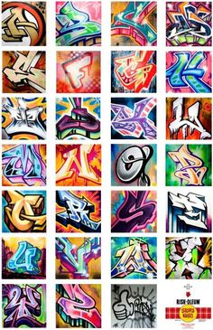 many different types of graffiti on a white wall