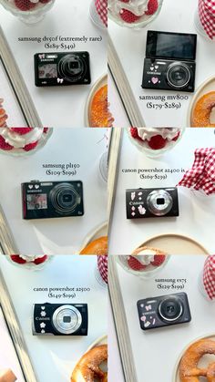 a table topped with donuts covered in icing next to a camera and other items