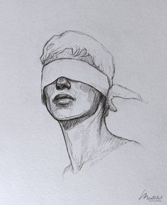 a pencil drawing of a woman with a bandage on her head and eyes covered by a bandana