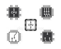 four different types of cpus with the same symbol on them, all in black and white