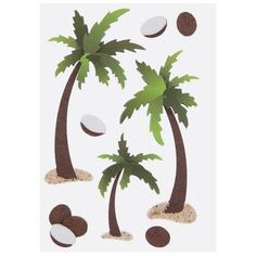 three palm trees with coconuts on the bottom and one in the middle, surrounded by sand