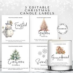 the christmas candle labels are shown with snowflakes and trees on them, along with an image of a snowman