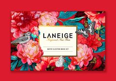 an image of flowers and butterflies on a red background with the words lanege against the wall