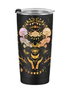 a black tumbler cup with gold and pink designs on the side, featuring mushrooms