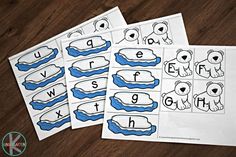 three polar bear printable worksheets on a wooden table with the letter h