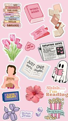 some stickers that are on the side of a pink background with flowers and books