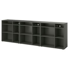 a large gray shelf unit with six compartments and two lights on each side, in front of a white background