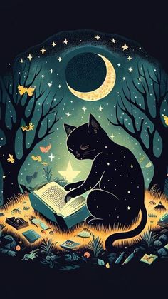 a black cat sitting on the ground reading a book at night with stars and moon in the sky