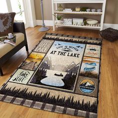 a living room area rug with various pictures and words on the floor, along with a chair