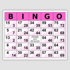 a pink and white poster with the words bingo on it