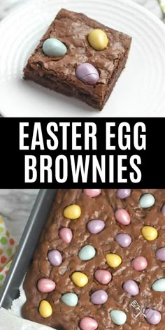 an egg brownie is on a plate with chocolate eggs in it and the words, easter egg brownies