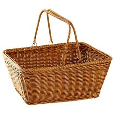 a brown wicker basket with handles