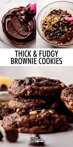 chocolate cookies are stacked on top of each other with the words thick and fudgey brownie cookies above them