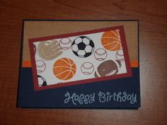 a happy birthday card with sports balls on it