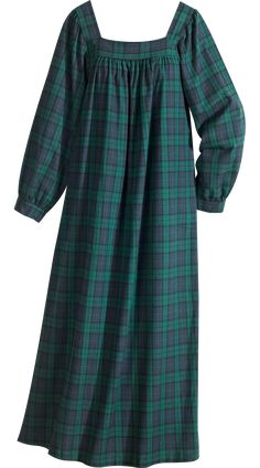 For years customers loved our square-neck flannel nightgown but told us there was room for improvement — so we did just that. This flannel nightgown still features a square neckline that gives you ample breathing room so you don't get too hot but is now skillfully crafted for us in Portugal, Europe's premier flannel maker. We also made the generously sized square neck extend to the back and mitered the corners for a better fit. We kept the gathered yoke, banded cuffs, and relaxed, easy-fitting b Black Watch Plaid, Cotton Night Dress, Flannel Nightgown, Vermont Country Store, Night Dress For Women, Glamour Dress, Evening Tops, Country Store, Stylish Dress Designs