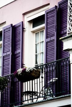 purple shuttered windows and balconies on a building