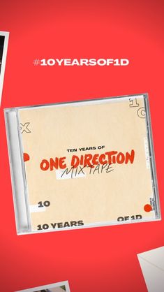 ten years of one direction album on red and white background with various pictures around it