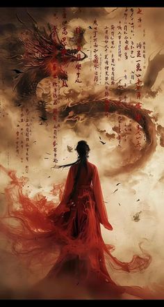 a woman in a red dress standing next to a dragon on a cloudy sky background