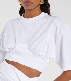 Fitted White Cropped Top, White Fitted Top With Cropped Hem, White Fitted Crop Top With Cropped Hem, Fitted White Top With Cropped Hem, White Cotton Crop Top With Cropped Hem, White Cropped Cotton Top, White Cotton Cropped Hem Top, White Cotton Cropped Top, Cropped Fitted Top Made Of Elastane