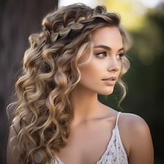 Cute trendy layered hairstyle ideas | Easy hairstyle ideas Wedding Hairstyles For Long Hair Down With Crown, Long Curled Hair With Braid, Curly Hair Formal Styles Down, Bridesmaid Hair Curls Down, Mid Back Length Hairstyles, Braid Crown Hair Down, Curled And Braided Hairstyles, Long Wedding Hair Curls, Crimped Hairstyles For Wedding