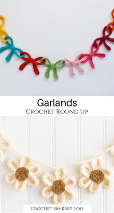 the crochet garland is made with yarn and has flowers on each side, along with