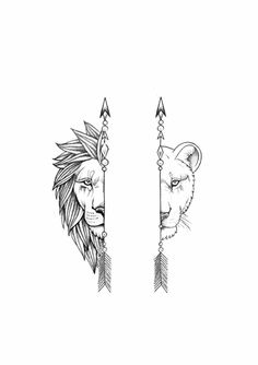 two lions with arrows on their heads and one is drawn in black ink, while the other