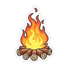 a fire sticker with flames coming out of the top and logs on the bottom